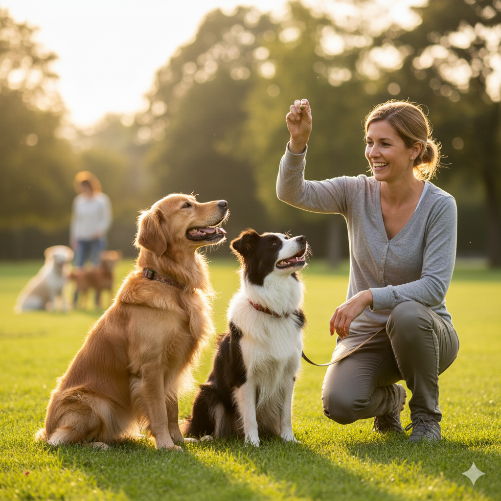 Foto de 2 cães sentados ao lado de uma mulher que lhes dá petiscos