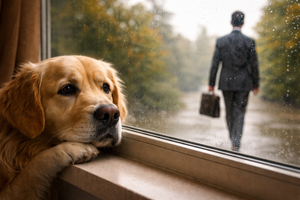 Cão triste na janela enquanto o dono sai pra trabalhar