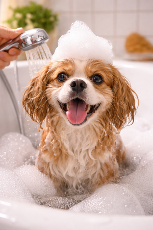 Cão tomando banho