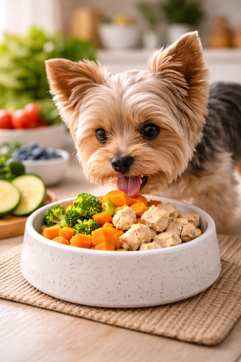 Cão comendo alimentos naturais